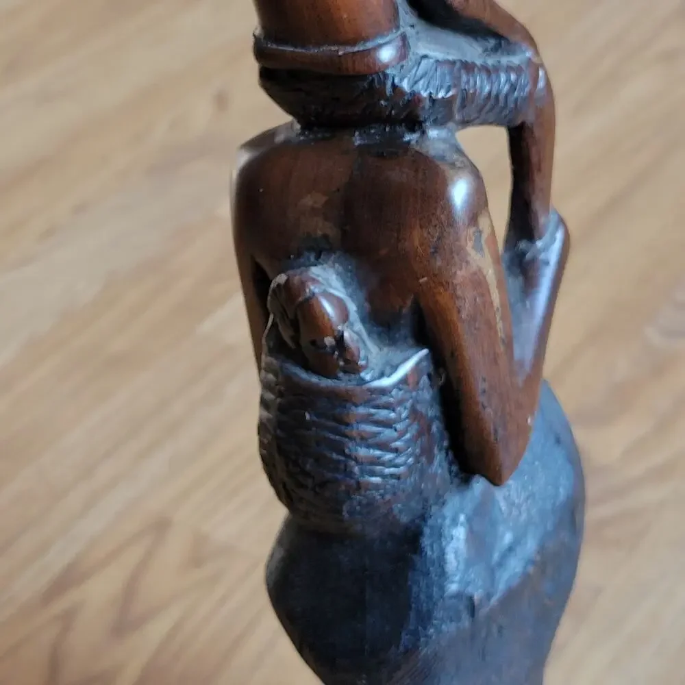 Vintage iron wood carving African women with child figurine sculpture